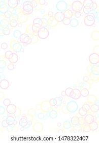 Blowing soap bubbles flying abstract illustration. Pastel pink yellow blue circles. Children bubbles for play. Tender minimalist vector backdrop. Girlish backdrop with round shapes.