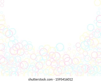 Blowing soap bubbles flying abstract illustration. Pastel pink yellow blue circles. Children bubbles for play. Abstract soap foam vector design. Girlish backdrop with round shapes.