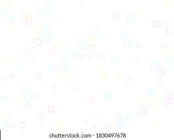 Blowing soap bubbles flying abstract illustration. Pastel pink yellow blue circles. Children bubbles for play. Cartoon purity background. Girlish backdrop with round shapes.
