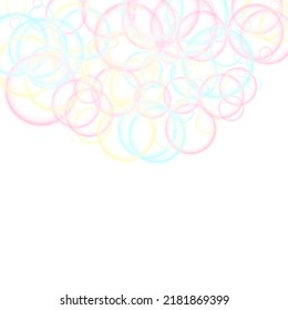 Blowing soap bubbles flying abstract illustration. Pink blue and yellow blurred rings. Children bubbles for play. Abstract soap foam vector design. Girlish backdrop with round shapes.