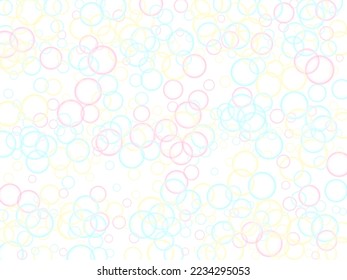 Blowing soap bubbles flying abstract illustration. Pink blue and yellow blurred rings. Kids bubbles for play. Cartoon purity background. Childish magic flying sheres.