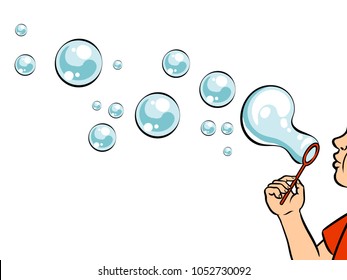 Blowing soap bubbles pop art retro vector illustration. Isolated image on white background. Comic book style imitation.