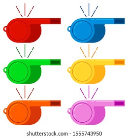 Blowing whistle red, blue, green, yellow, orange, pink color vector icon set isolated on white background. Flat design cartoon style illustration. Sport sign. Coach, police, referee, trainer equipment