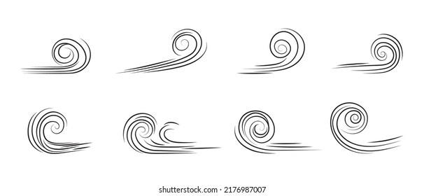 Blowing wind doodle. Outline wind movement symbol isolated on white background. Hand drawn air wave icon. Climate sketch element. Vector decorative dash lines in the shape of a curve.