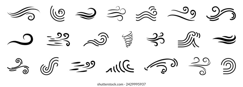 Blowing wind icon collection in black on a white background. Set of wind blow line icon. Black related to wind and waves