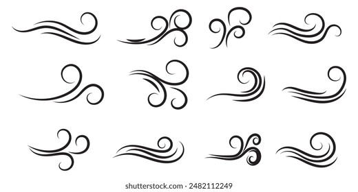 Blowing wind icon collection in black on a white background. Set of wind blow line icon. Black related to wind and waves