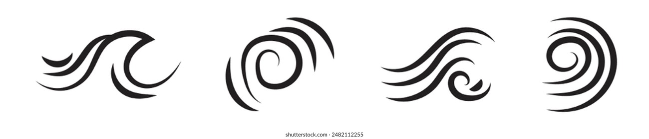 Blowing wind icon collection in black on a white background. Set of wind blow line icon. Black related to wind and waves