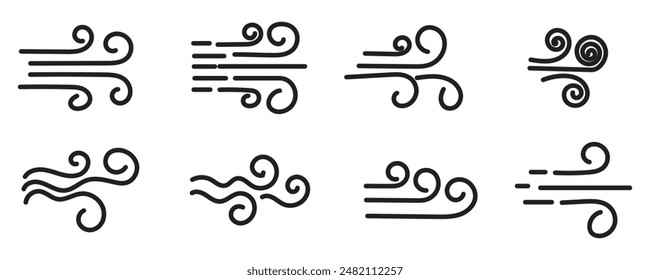 Blowing wind icon collection in black on a white background. Set of wind blow line icon. Black related to wind and waves