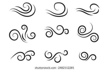 Blowing wind icon collection in black on a white background. Set of wind blow line icon. Black related to wind and waves