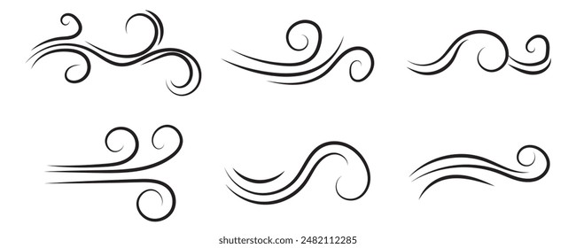 Blowing wind icon collection in black on a white background. Set of wind blow line icon. Black related to wind and waves