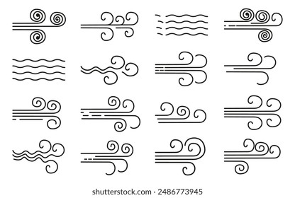 Blowing wind icon collection in black on a white background. Set of wind blow line icon. Black related to wind and waves