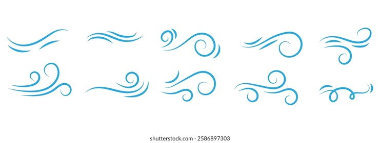 Blowing wind line icon set. Doodle wind line sketch set. Hand drawn doodle wind motion, air blow, swirl elements. vector illustration eps 888.