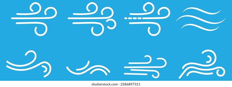 Blowing wind line icon set. Doodle wind line sketch set. Hand drawn doodle wind motion, air blow, swirl elements. vector illustration eps 888.