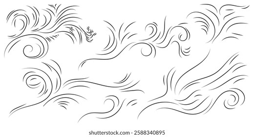 Blowing wind line icon set. Doodle wind line sketch set. Hand drawn doodle wind motion, air blow, swirl elements. vector illustration eps 10