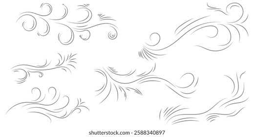 Blowing wind line icon set. Doodle wind line sketch set. Hand drawn doodle wind motion, air blow, swirl elements. vector illustration eps 10