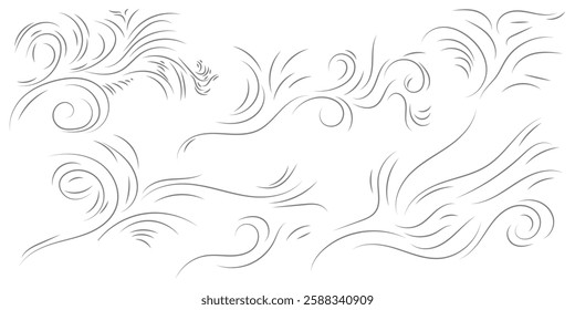 Blowing wind line icon set. Doodle wind line sketch set. Hand drawn doodle wind motion, air blow, swirl elements. vector illustration eps 10