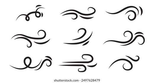 Blowing wind line icon. Windy weather symbol. Windy blow outline collection.