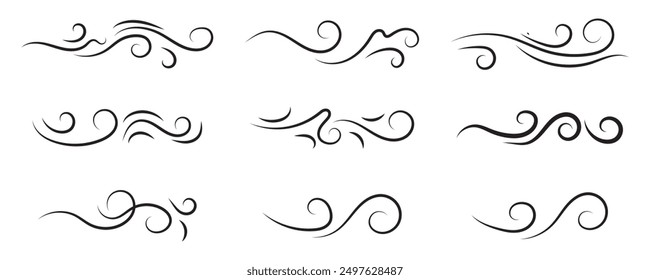 Blowing wind line icon. Windy weather symbol. Windy blow outline collection.