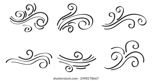 Blowing wind line icon. Windy weather symbol. Windy blow outline collection.