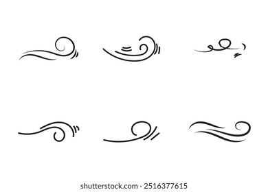 Ícone de linha de vento soprando. Símbolo do tempo ventoso. Coleção de contornos de sopros de vento.