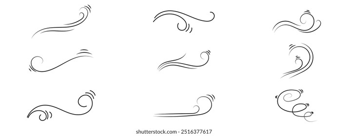 Ícone de linha de vento soprando. Símbolo do tempo ventoso. Coleção de contornos de sopros de vento.