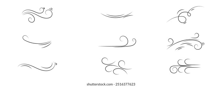 Ícone de linha de vento soprando. Símbolo do tempo ventoso. Coleção de contornos de sopros de vento.