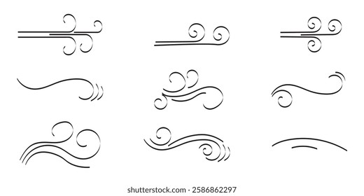 Blowing wind line icon. Windy weather symbol. Windy blow outline collection.