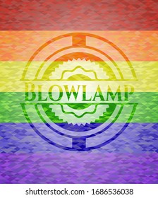 Blowlamp emblem on mosaic background with the colors of the LGBT flag