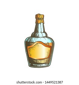 Blown Scotch Whisky Bottle With Foil Cap Vector. Simple Hand Drawn Sketch Bottle Of Classical England Alcoholic Beverage. Mockup Old Glass Container With Blank Label Illustration