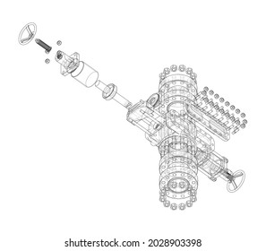 Blowout preventer. Vector rendering of 3d. Wire-frame style. The layers of visible and invisible lines are separated. Orthography