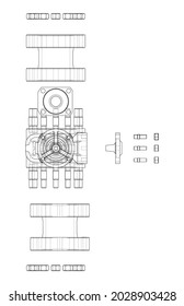 Blowout preventer. Vector rendering of 3d. Wire-frame style. The layers of visible and invisible lines are separated. Orthography