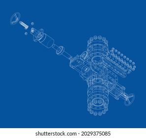Blowout preventer. Vector rendering of 3d. Wire-frame style. The layers of visible and invisible lines are separated. Orthography