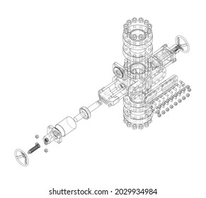 Blowout preventer. Vector rendering of 3d. Wire-frame style. The layers of visible and invisible lines are separated. Orthography