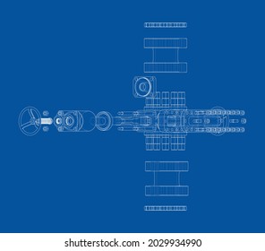 Blowout preventer. Vector rendering of 3d. Wire-frame style. The layers of visible and invisible lines are separated. Orthography