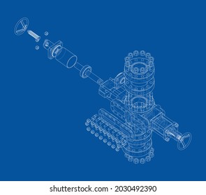 Blowout preventer. Vector rendering of 3d. Wire-frame style. The layers of visible and invisible lines are separated. Orthography