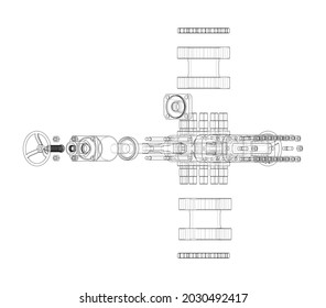 Blowout preventer. Vector rendering of 3d. Wire-frame style. The layers of visible and invisible lines are separated. Orthography