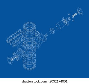 Blowout preventer. Vector rendering of 3d. Wire-frame style. The layers of visible and invisible lines are separated. Orthography