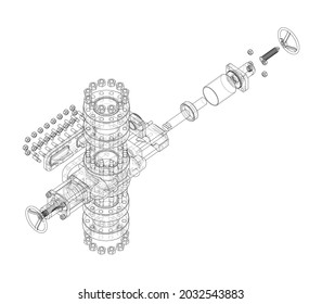 Blowout preventer. Vector rendering of 3d. Wire-frame style. The layers of visible and invisible lines are separated. Orthography