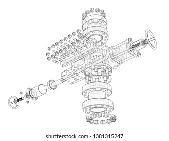 Blowout preventer. Wire frame style. Vector rendering of 3d. Concept of the oil industry