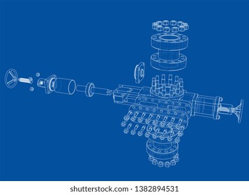 Blowout preventer. Wire frame style. Vector rendering of 3d. Concept of the oil industry