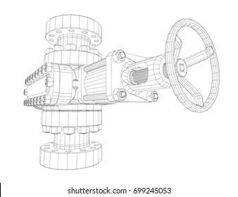 Preventor de reventones. Estilo de marco de alambre. Vector de renderizado 3D. Concepto de la industria petrolera