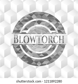 Blowtorch grey badge with geometric cube white background