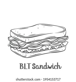 BLT sandwich with bacon, lettuce and tomato drawn outline vector illustration.