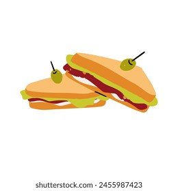 Sándwiches BLT con aceitunas en pinchos. Tostadas triangulares, rebanadas de pan rellenas de tocino, lechuga, tomate. Tentempiés sabrosos, hoagies. Desayuno, comida. Ilustración vectorial plana aislada sobre blanco