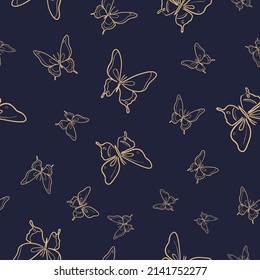 Blu and gold butterfly vector pattern, seamless repeat background