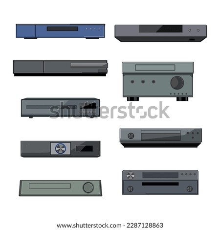 blu ray player set cartoon. dvd technology, video equipment, cd disk, disc audio blu ray player sign. isolated symbol vector illustration