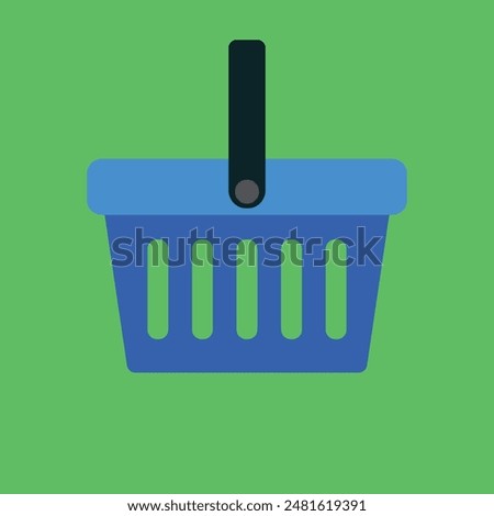 Blu Shopping Basket Vector Icon isolated on green background. e-shop concept, shopping basket icon sign, pictogram supermarket basket ,store container. Hypermarket product carry object, grocery basket