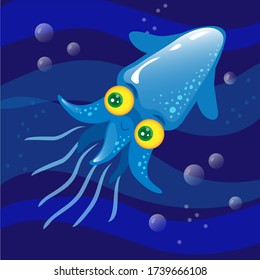 The blu squid in the water, waves and bubbles. Vector children's illustration. Dark background