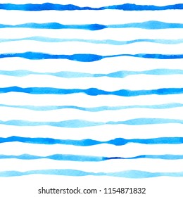 Blu watercolor seamless pattern with wavy lines. Hand drawn vector background