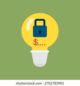 Signo de dólares de luz de bulbo con candado en el interior. No Hay Idea De Obtener El Concepto De Dinero. Ilustración, dibujos animados, Vector.